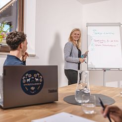 Gruppe sitzt in Besprechungsraum und hält Präsentation